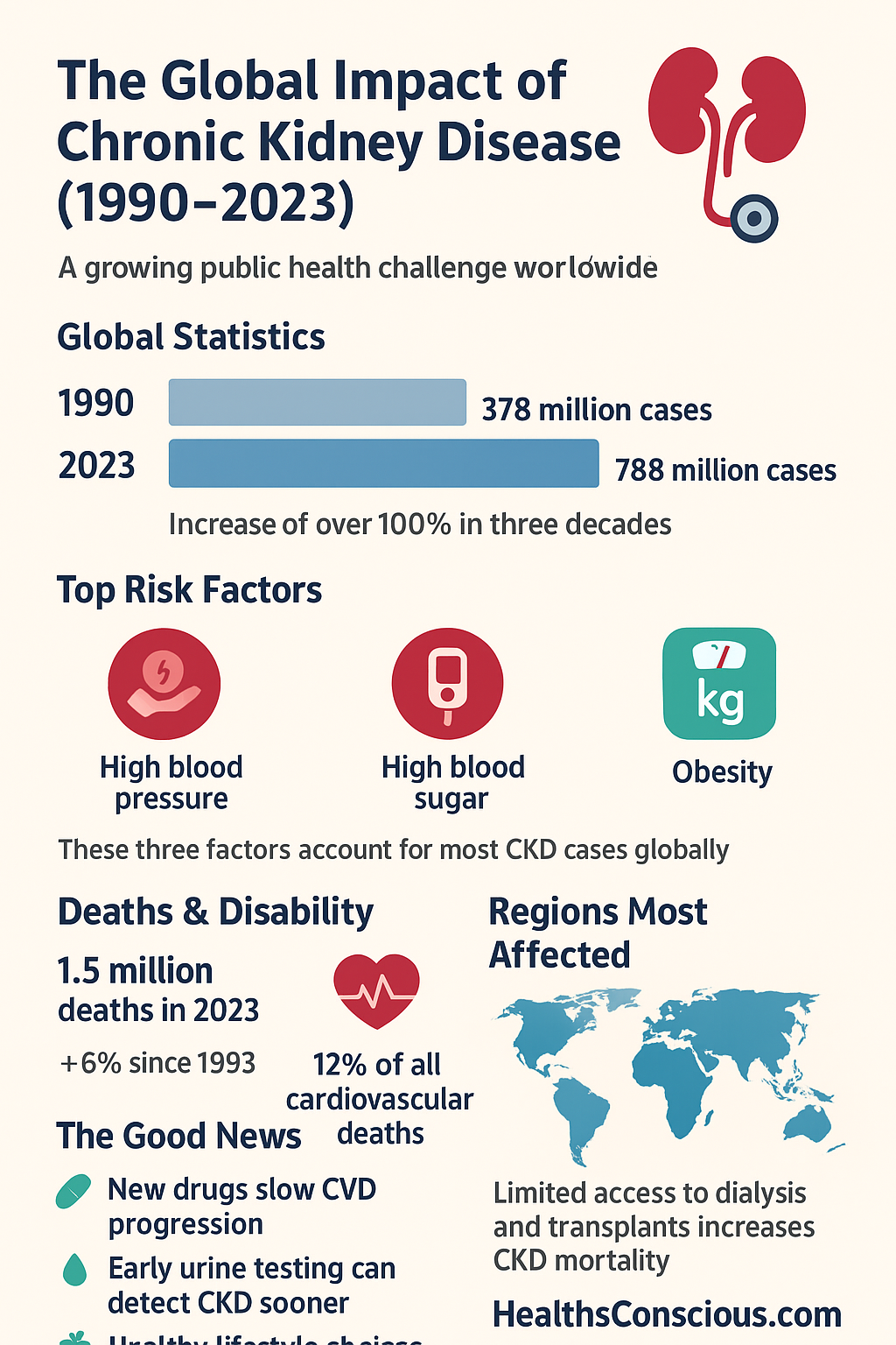 A global map showing the rising prevalence of chronic kidney disease and its impact on public health.